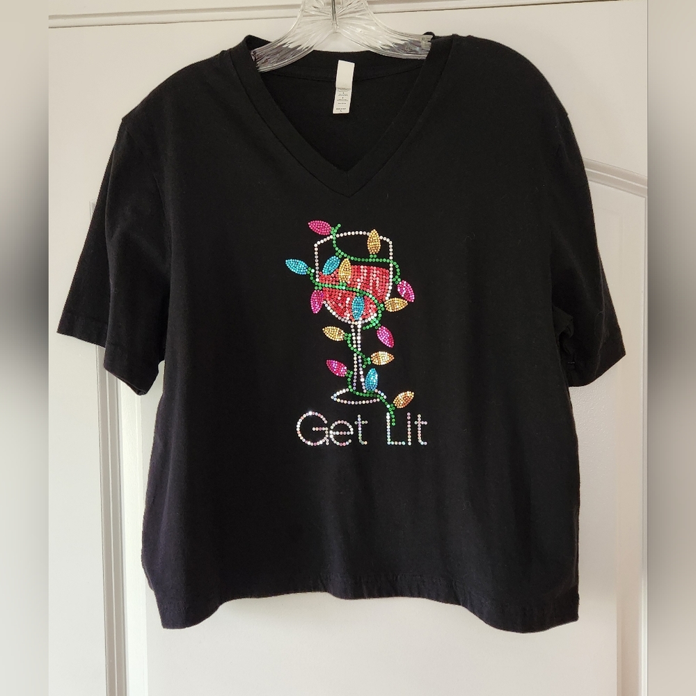 CANVAS BLACK V-NECK T-SHIRT WINE GLASS GET LIT SIZE LARGE NEW!